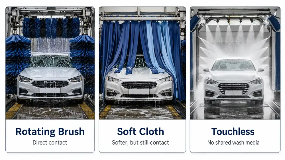 Rotating brush, soft-cloth and touchless automatic car wash comparison