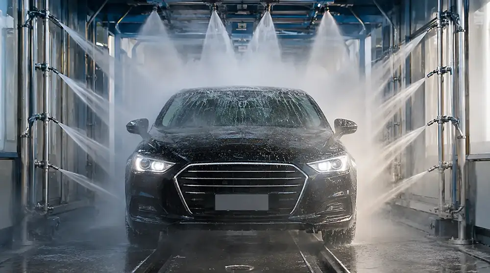 Touchless automatic car wash using high-pressure water jets without brushes