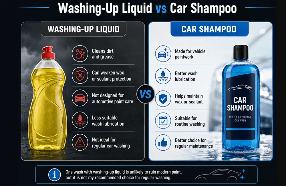 Washing-up liquid compared with proper car shampoo for washing vehicle paintwork.